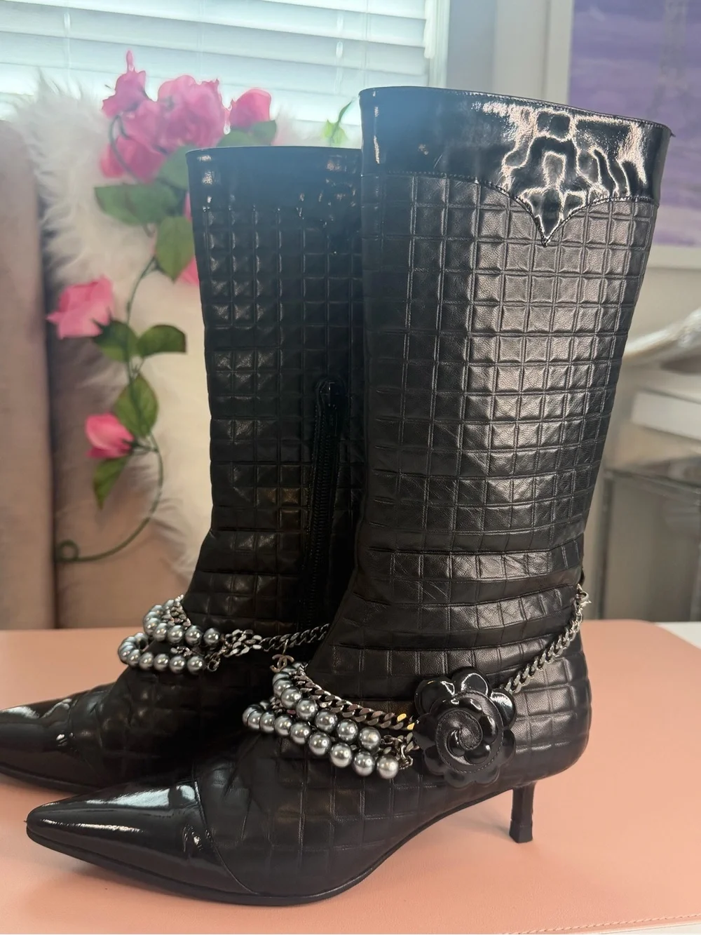Chanel Black Embossed Leather Pointed Toe Boots with Pearl Chain Detail Sz 36